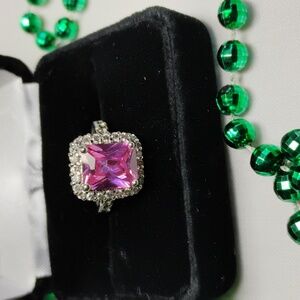 Vibrant Pink Gemstone Silver Ring CZ Stones With Sparkle!